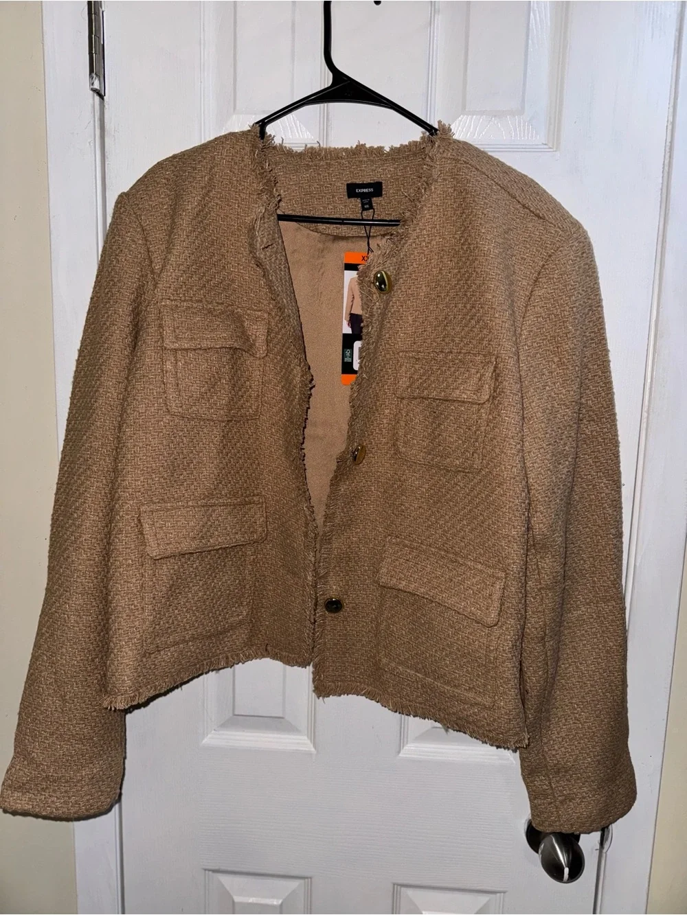 Express Women’s Tweed Fringe Jacket Tan Gold Button XXL Nwt - Picture 5 of 12